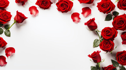 Flat lay top view red roses, isolated on a white background for Valentine's Day, International Women's Day, Mother's Day card or background or a wedding invitation