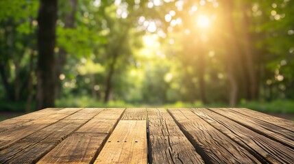 Fototapeta premium Wooden board empty table blurred background. Perspective brown wood table over blur trees forest background