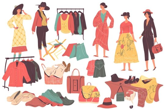Flea market illustration set. Character buying second hand vintage clothes on street market. Sustainable eco fashion and clothes donating concept.