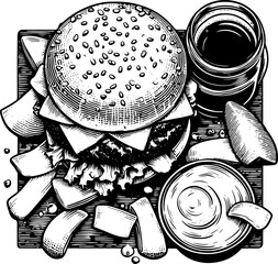 Plate with hamburger, chips and sauce, top view, black and white illustration