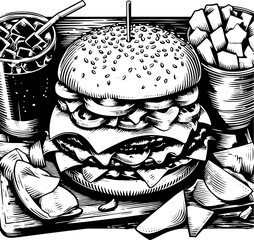 Plate with hamburger, chips and sauce. Black and white illustration