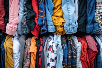Many second hand clothes are on sale at cheap prices minimalism top view - obrazy, fototapety, plakaty