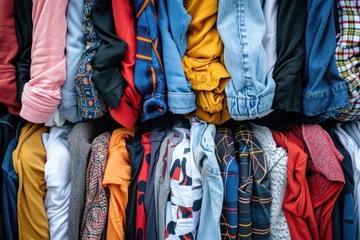Fotobehang Many second hand clothes are on sale at cheap prices minimalism top view © Ulia