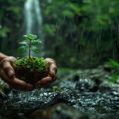 Junge Pflanze mit Erde in der Hand halten, ai generativ - obrazy, fototapety, plakaty