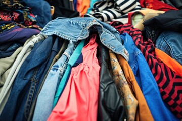 Many second hand clothes are on sale at cheap prices clear background top view