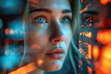 Portrait of a woman with a reflective gaze, overlaid with digital data