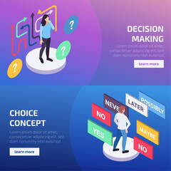 Isometric ways of choosing horizontal banner template collection with characters making a decision