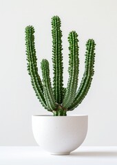 Against a clean white background, an 'Euphorbia tirucalli', also known as pencil cactus, in a minimalist white pot, the plant's thin, stick-like branches creating a delicate silhouette