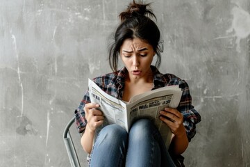 Pretty woman reading tabloid newspaper with anxious and scared face expression, fake news, panic, shocking stories, scaremongering - obrazy, fototapety, plakaty