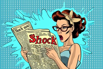 Pretty woman reading tabloid newspaper with anxious and scared face expression, fake news, panic, shocking stories, scaremongering pop art 