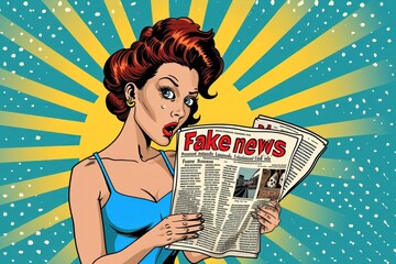 Pretty woman reading tabloid newspaper with anxious and scared face expression, fake news, panic, shocking stories, scaremongering pop art - obrazy, fototapety, plakaty