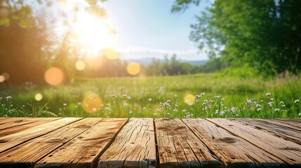 wooden table top product display with a fresh summer sunny blue sky with warm bokeh background with green grass meadow foreground - Powered by Adobe
