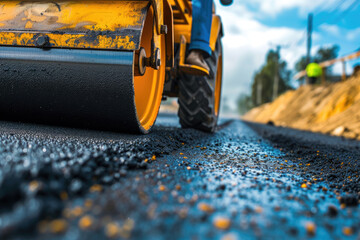 Roller rolling fresh hot asphalt on the new road - Powered by Adobe
