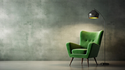 3d render green valor armchair under a wall lamp