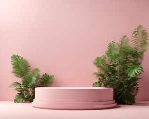 Fototapeta na wymiar Minimal modern product display on pink, Wooden background for product placement with green plant and copy space, 3d render