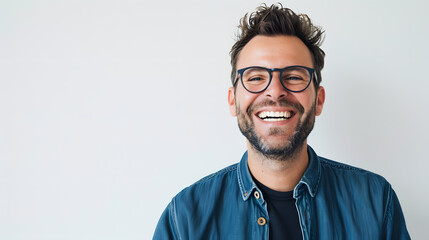 Very happy laughing man with glasses in front of white background with copy space - Powered by Adobe