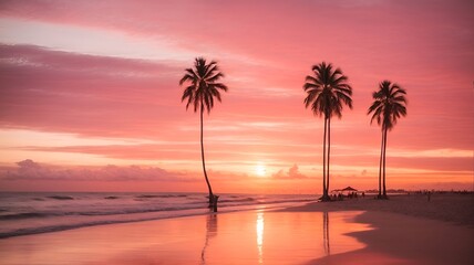 A dreamy beach sunset, with the sky painted in shades of pink and orange, casting a warm glow over the silhouettes of palm trees and beachgoers.