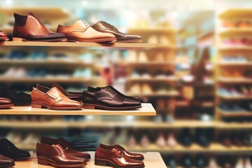 Shelves with many different footwear at shoes store - thrift shopping or secondhand store. Reselling concept. Shoes stall against blurred store background with copy space illustration