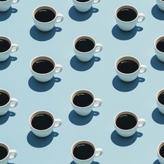 Obraz premium Symmetrical pattern of full coffee cups on a vibrant blue backdrop