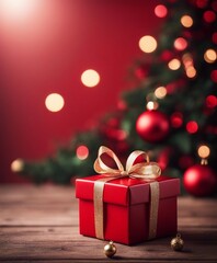 Christmas and valentines day red Gift on festive background. copy space for text

