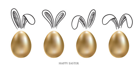 Happy Easter. Set of rabbits's ears. Gold eggs. Hand drawn illustration.	
