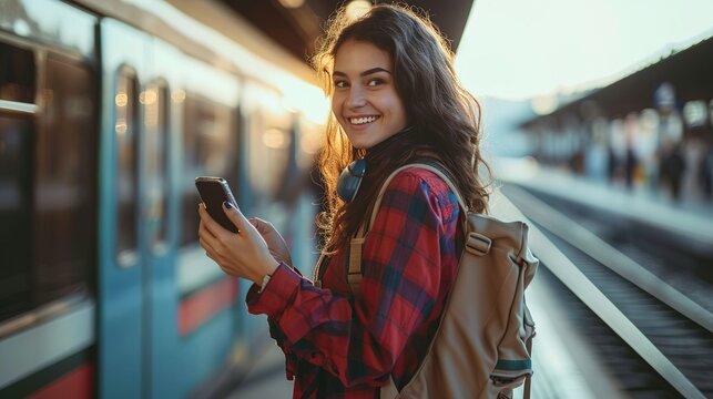 Young happy woman using cell phone while waiting for train at station