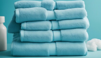 Light blue spa towels pile, bath towels lying in a stack on light blue peaceful background with copy.

