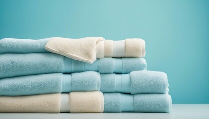Light blue spa towels pile, bath towels lying in a stack on light blue peaceful background with copy.

