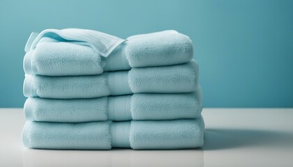Light blue spa towels pile, bath towels lying in a stack on light blue peaceful background with copy.

