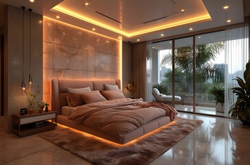 cozy bedroom in a modern apartment. Modern bedroom with a large bed and stylish lighting.