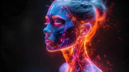 futuristic makeup. neon glowing body art on beautiful woman. isolated on black background