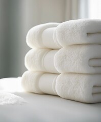 Light white spa towels pile, bath towels lying in a stack on light white peaceful background 
