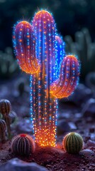 multi-colored cactus with neon bright heads. neon cactus on dark background. vertical orientation - obrazy, fototapety, plakaty