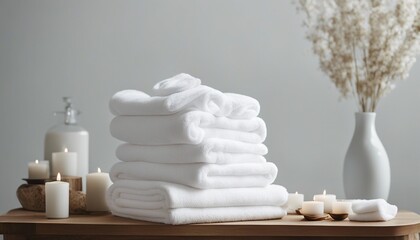 Fototapeta na wymiar Light white spa towels pile, bath towels lying in a stack on light white peaceful background 