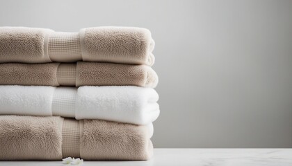 Light white spa towels pile, bath towels lying in a stack on light white peaceful background 
 - obrazy, fototapety, plakaty