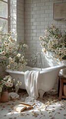 bathroom with white flowers. white bath with towel surrounded by chamomiles. vertical orientation - obrazy, fototapety, plakaty