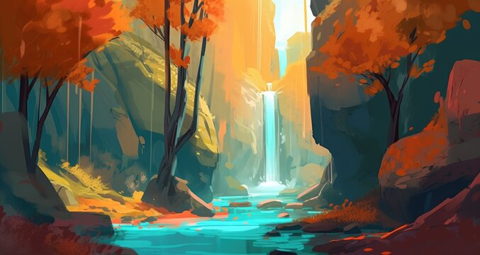 beautiful of waterfall landscape painting background