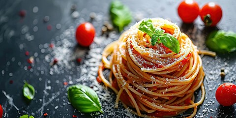 Freshly cooked Italian spaghetti with basil, tomato sauce, pasta bolognese, sauce with ground meat, wallpaper, background. - obrazy, fototapety, plakaty