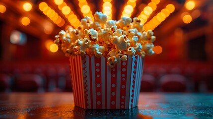 bucket of popcorn on the stage of an empty cinema. Popcorn on light blur background.