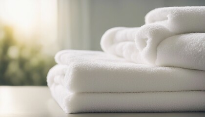 Light white spa towels pile, bath towels lying in a stack on light white peaceful background 
