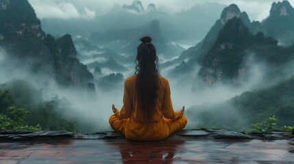 Woman does yoga exercise lotus position against the backdrop of mountains. Meditation and harmony