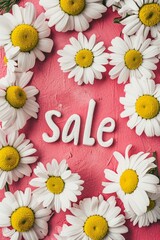 Obraz premium 'SALE' surrounded by white daisies on a textured pink surface