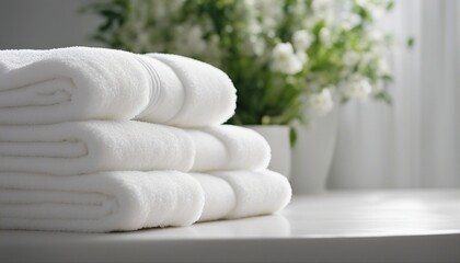 Obraz na płótnie Canvas Light white spa towels pile, bath towels lying in a stack on light white peaceful background 