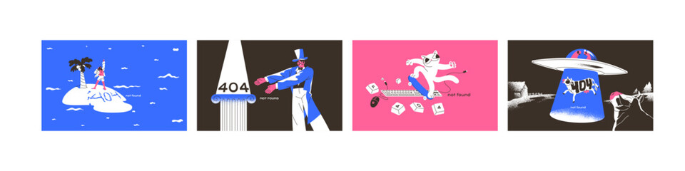 Error 404 concept set. Unavailable internet connection. Website not found page. Web design of online access mistakes. Problems with webpage. Alert of trouble of service. Flat vector illustrations