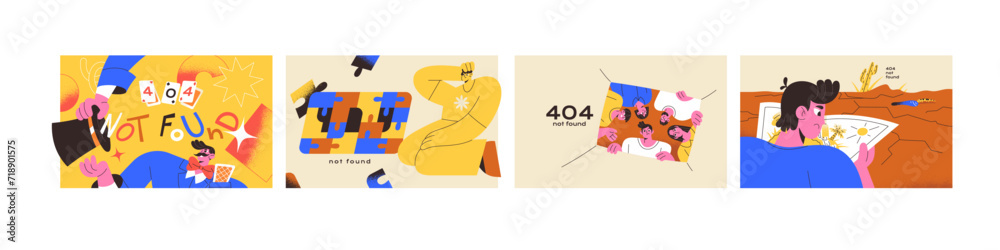 Poster error 404 concept set. mistakes on website. web page not found warning. broken webpage access. probl
