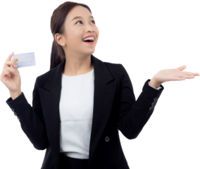 Portrait young asian business woman holding credit card or debit card show and presenting, businesswoman online shopping and payment, finance and banking concept.