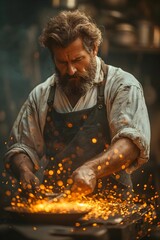blacksmith in the production process of metal products handmade. vertical orientation - obrazy, fototapety, plakaty