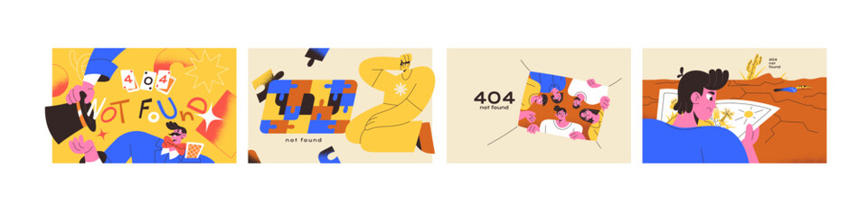Error 404 concept set. Mistakes on website. Web page not found warning. Broken webpage access. Problems with internet connection. Alert about wrong online address of site. Flat vector illustrations