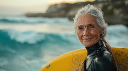 Inspiring Elderly Woman with Surfing on Waves Ocean Shoreline - Powered by Adobe