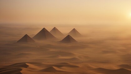 aerial view of the ancient Egyptian pyramids, it is foggy and sunrise
